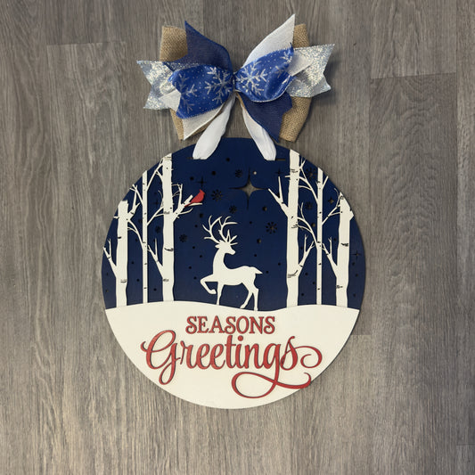 "Seasons Greetings" with Deer Christmas Round Sign