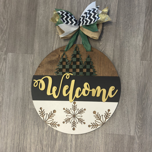 "Welcome" with Checkered Trees Christmas Round Sign