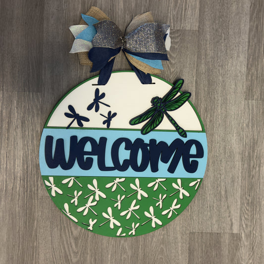 "Welcome" with Dragonflies Round Sign